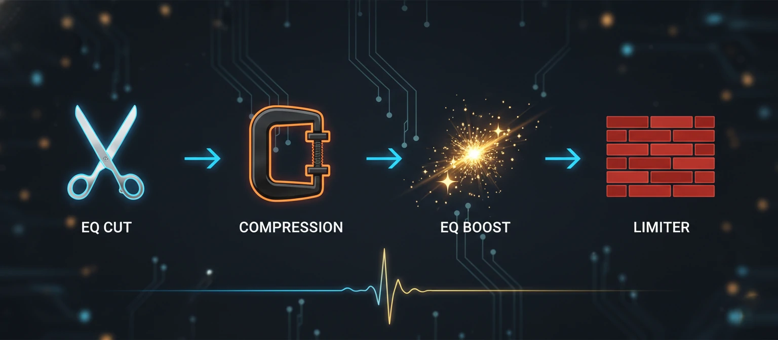 A digital illustration of signal flow. Icons represent each stage