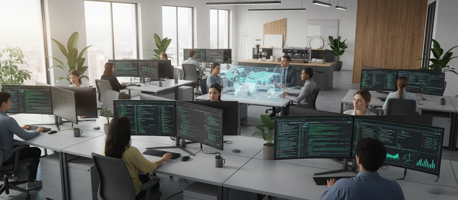 A diverse global team collaborating on IT projects in a modern office setting