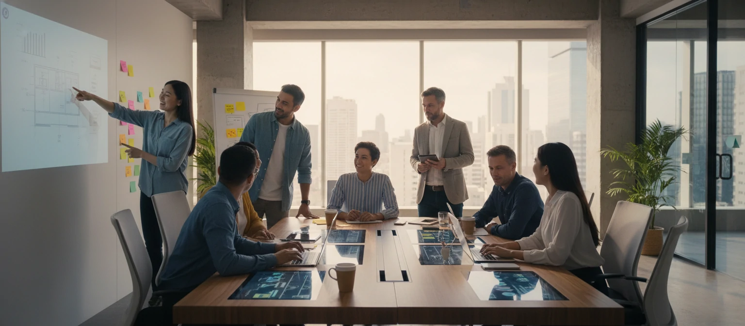 A diverse team collaborating in a modern workspace