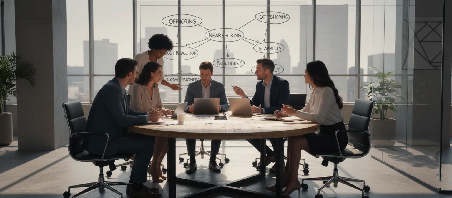 A diverse team collaborating on business processes in a modern office setting