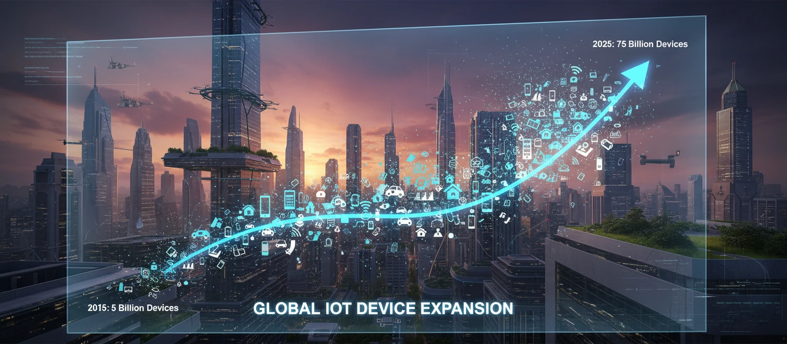 A dynamic infographic visualizing IoT device growth from 2015 to 2025