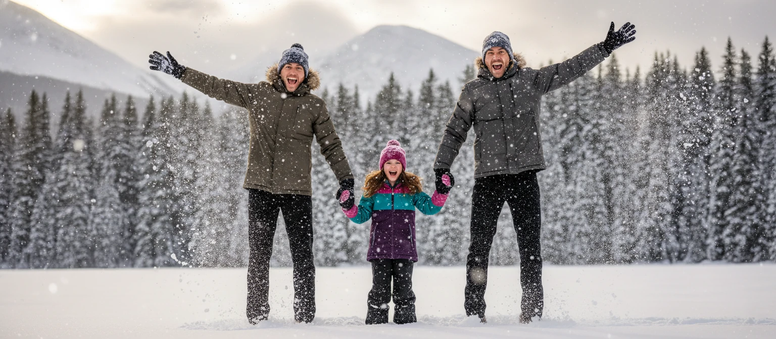 A family jumping in fresh snow, with snowflakes falling, evergreen trees in the background