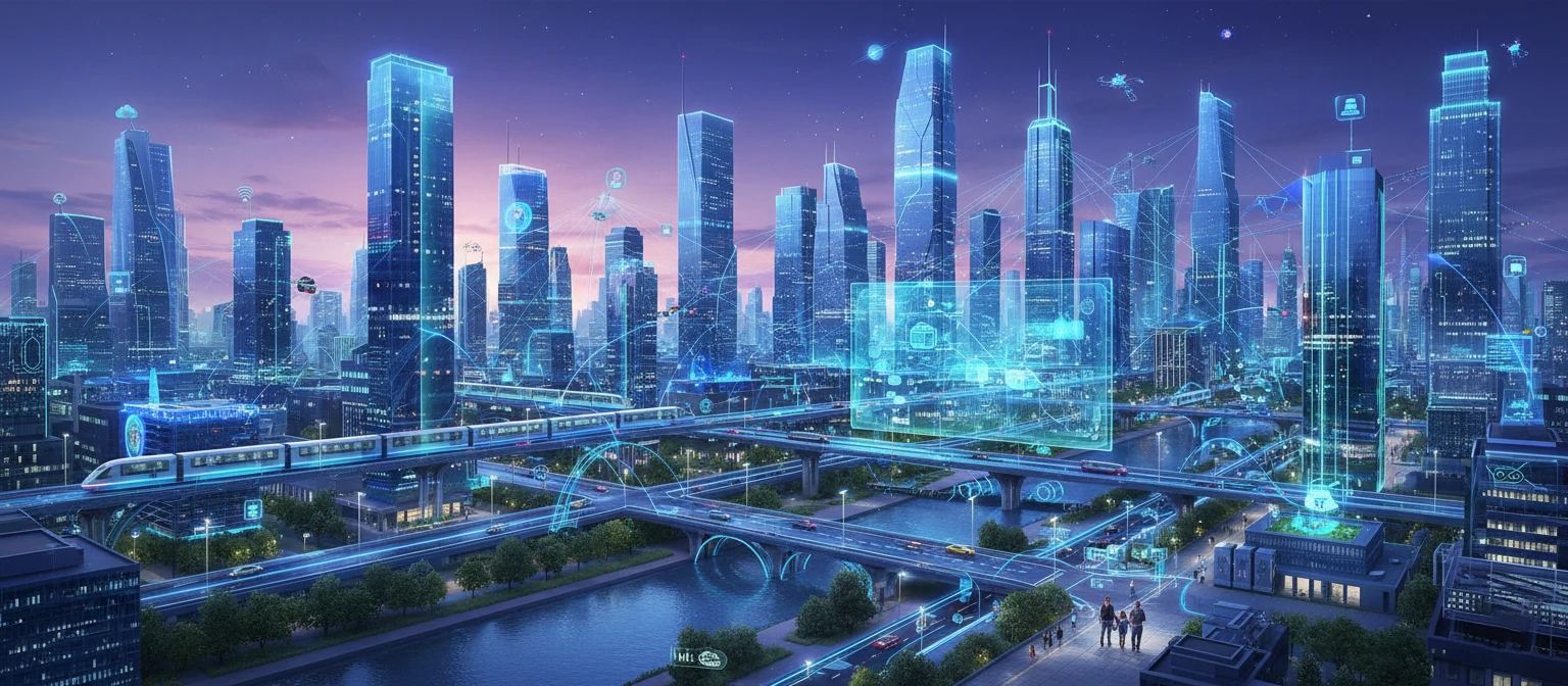 A futuristic illustration showing the integration of 5G, AI, and IoT in a smart city environment
