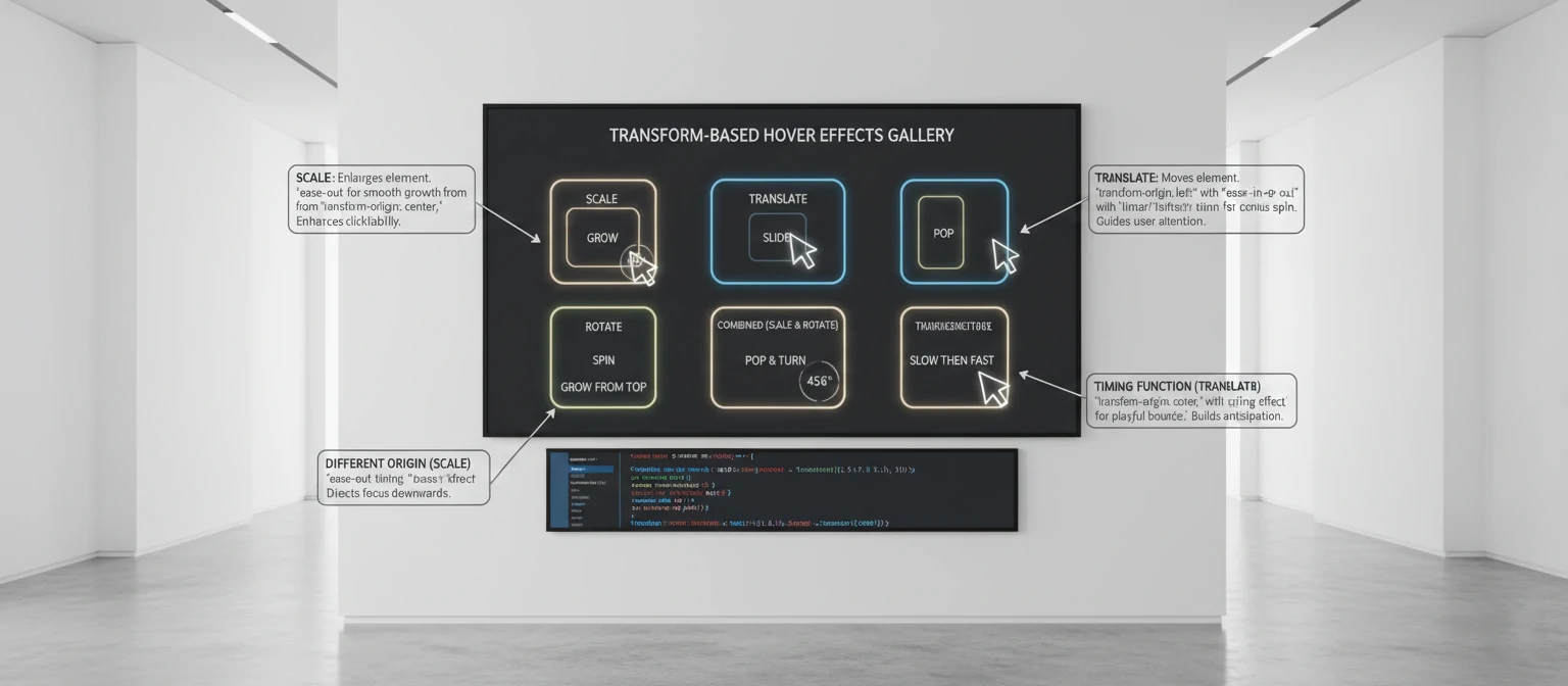 A gallery of transform-based hover effects showing scale, translate, rotate, and combined effects