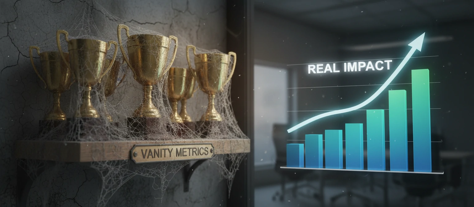 A golden trophy shelf covered in cobwebs labeled Vanity Metrics