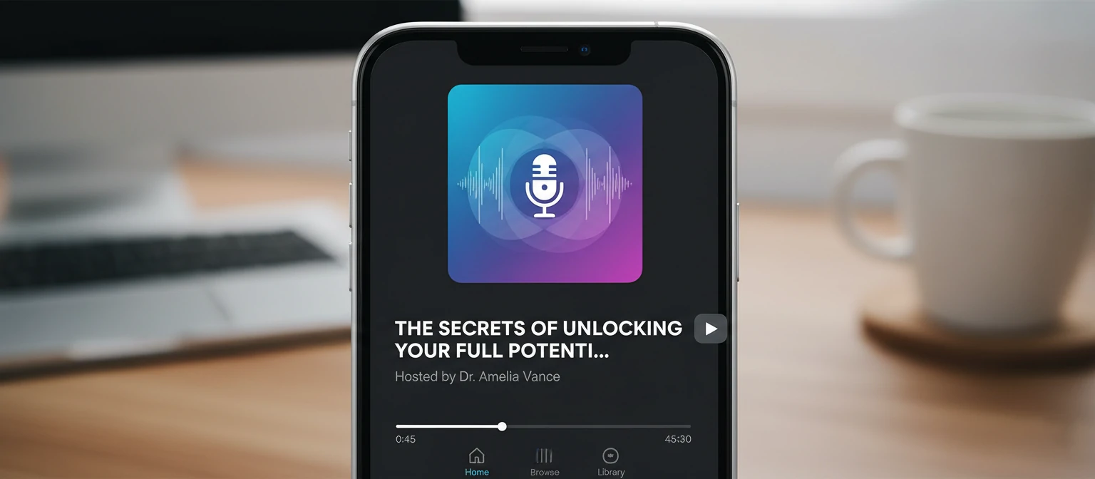 A graphic of a phone screen showing a podcast title being truncated with ellipses