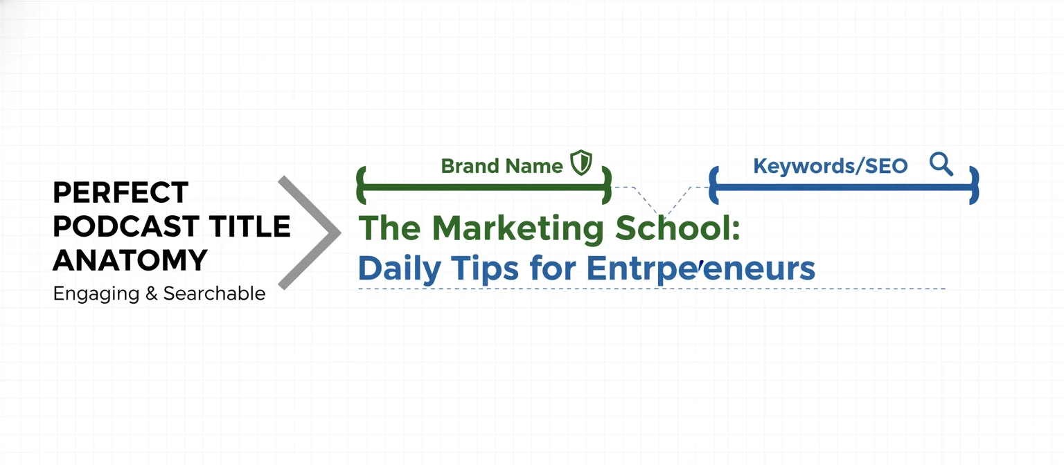 A graphic showing the anatomy of a perfect podcast title