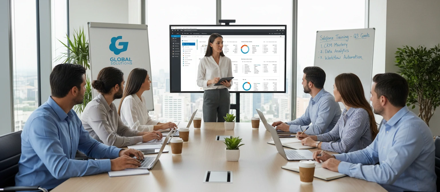 A group of employees in a training session learning Salesforce