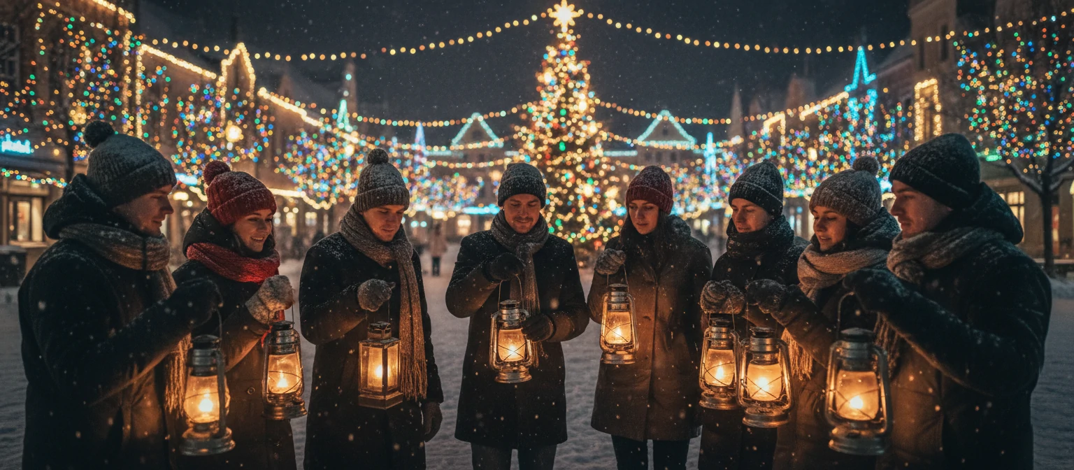 A group of people in winter attire standing in a circle, holding lanterns