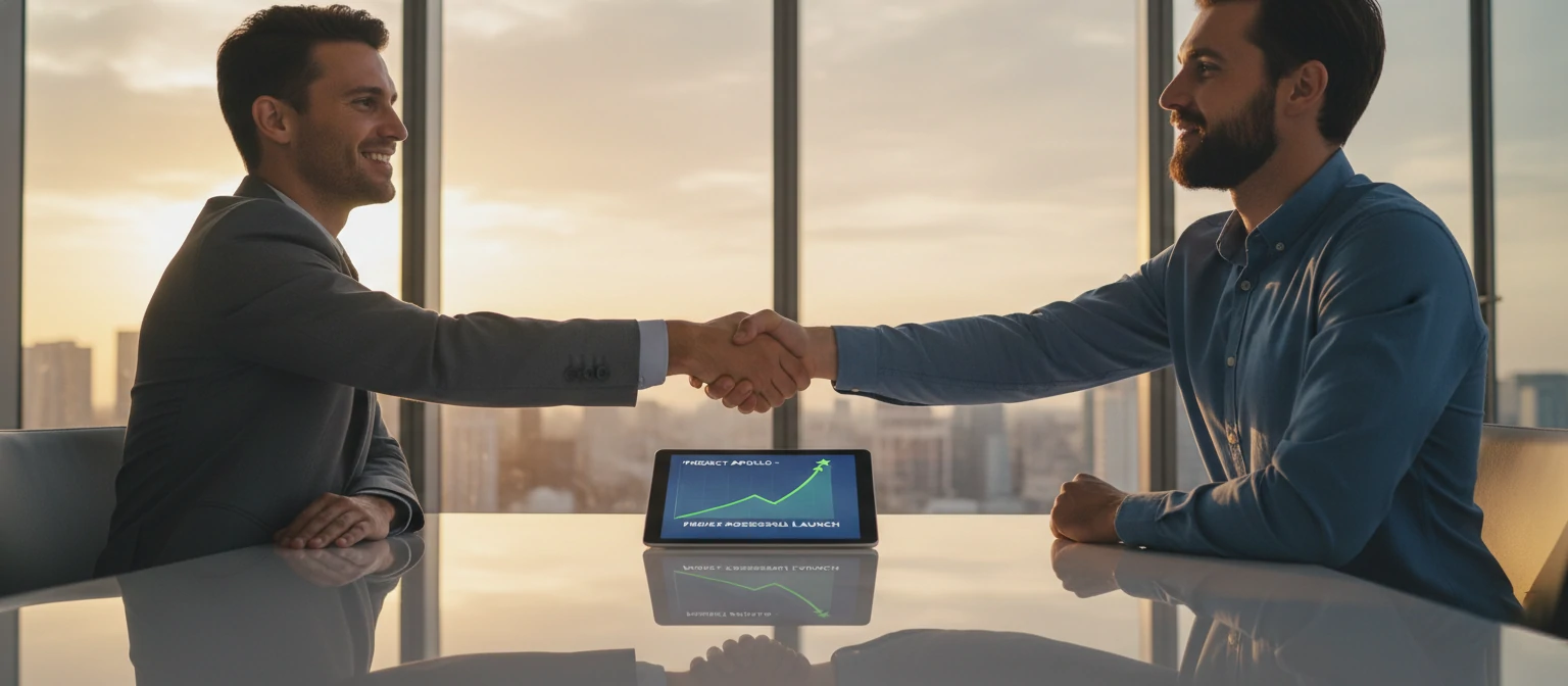 A handshake scene in a modern, glass-walled conference room