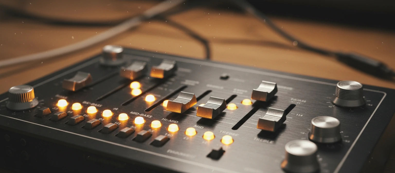 A macro photography shot of an analog equalizer