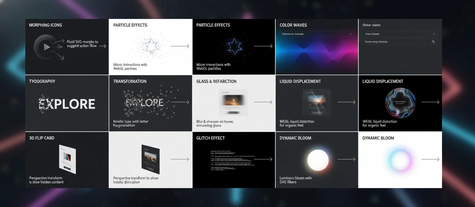 A mood board of creative hover effects from various websites, showing morphing icons, particle effects, color waves, and typography transformations