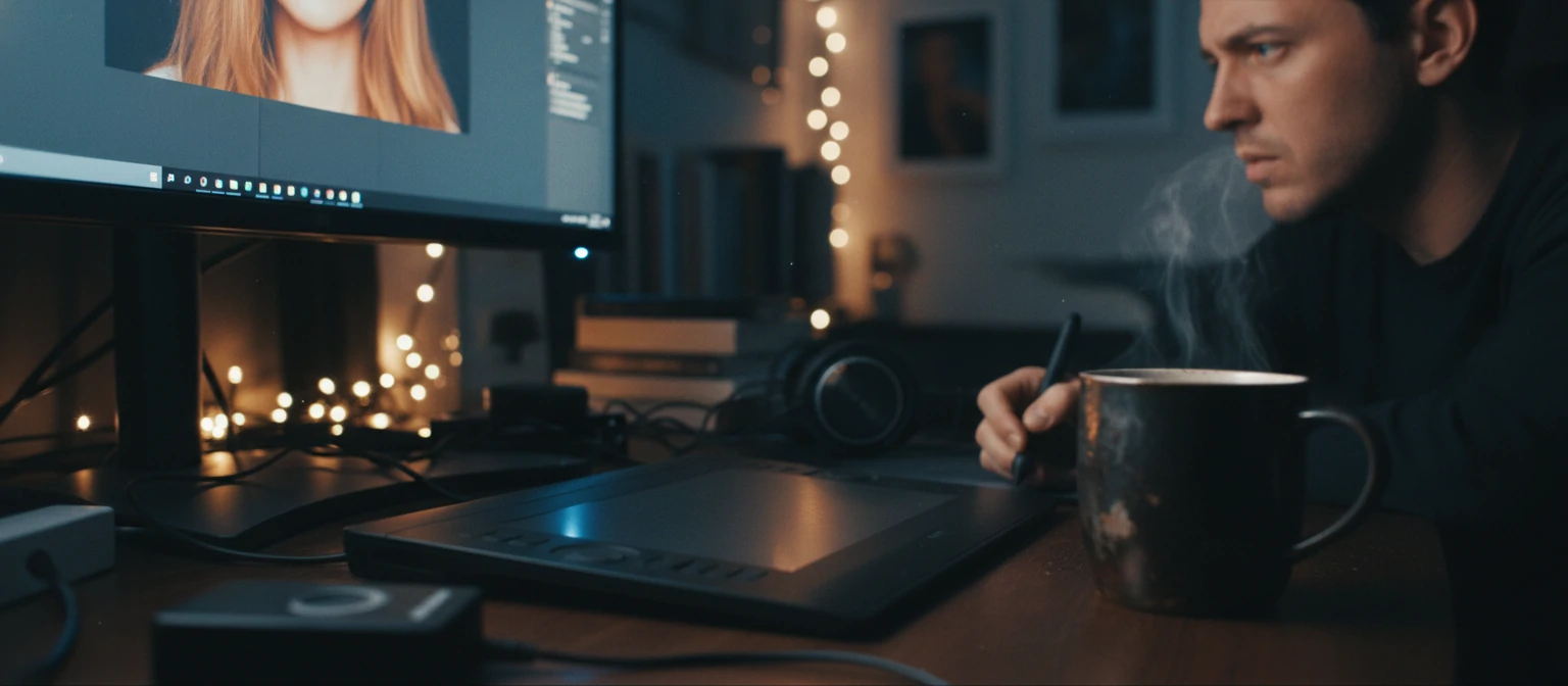 A moody, atmospheric shot of a retoucher's desk at night