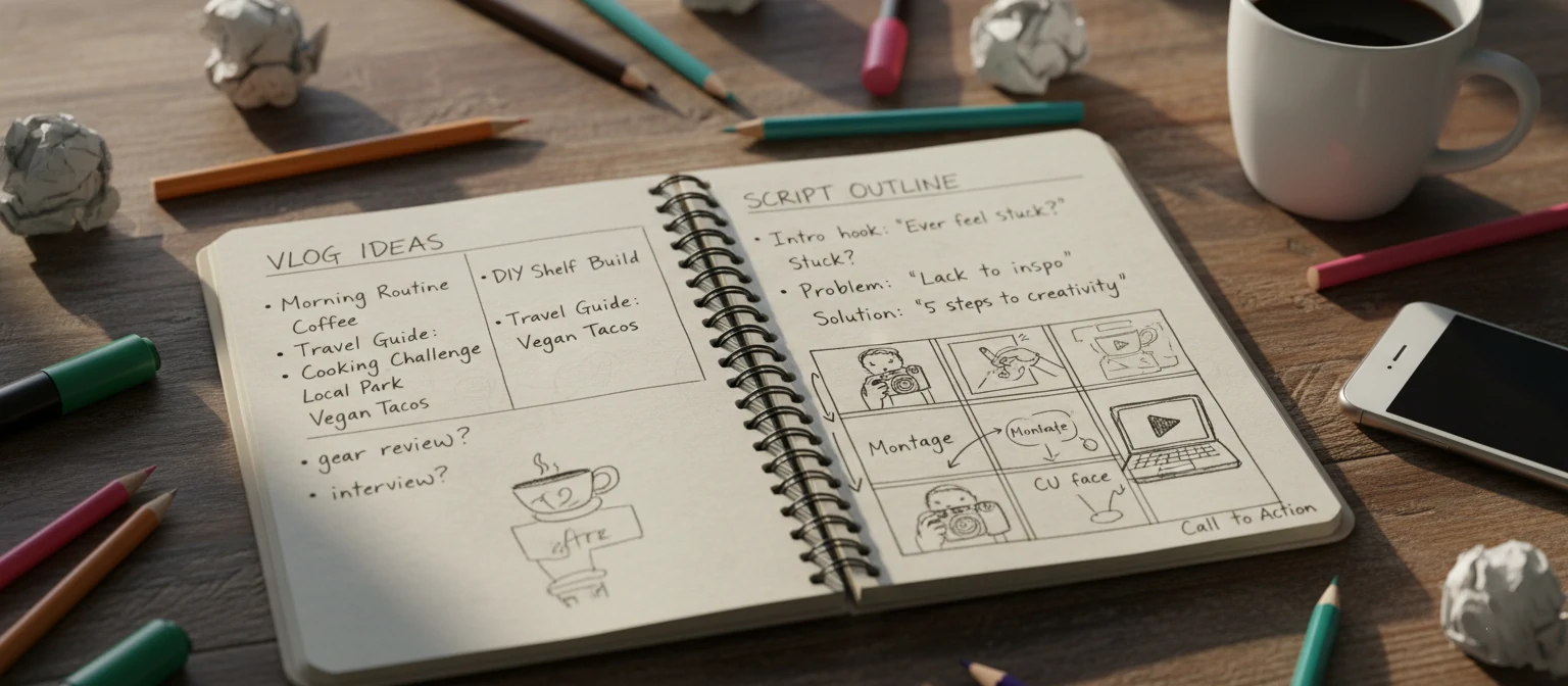 A notebook with vlog ideas, script outlines