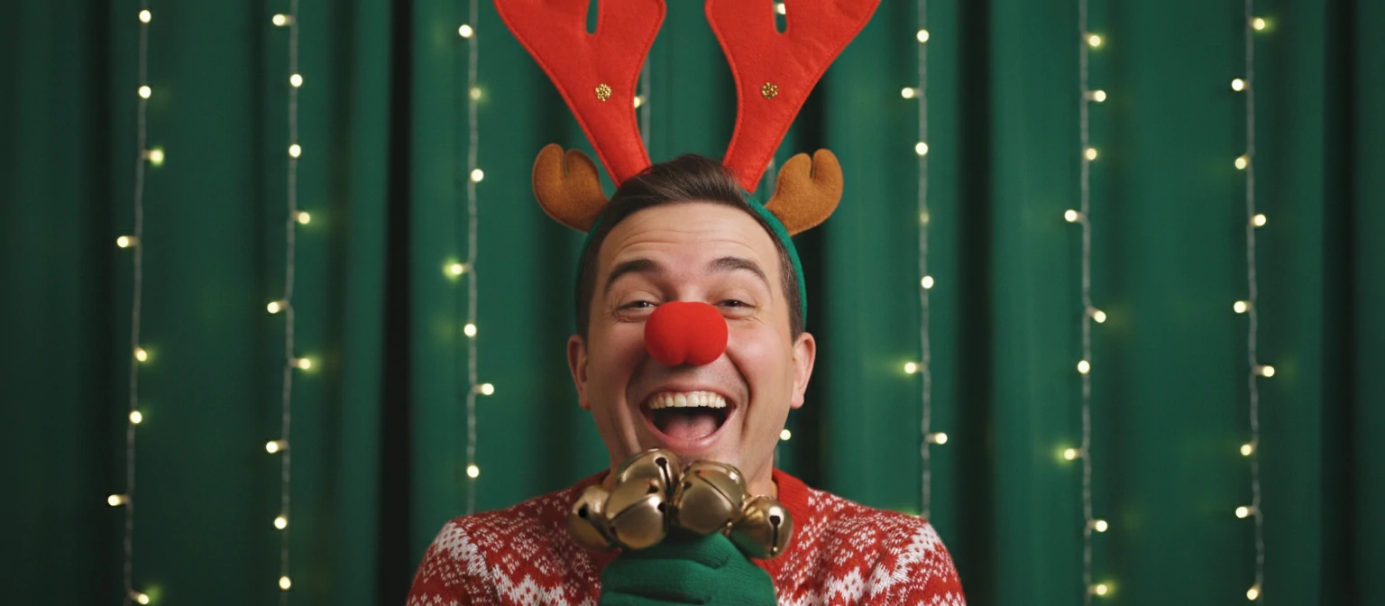 A person with reindeer antlers, wearing a red nose, holding jingle bells