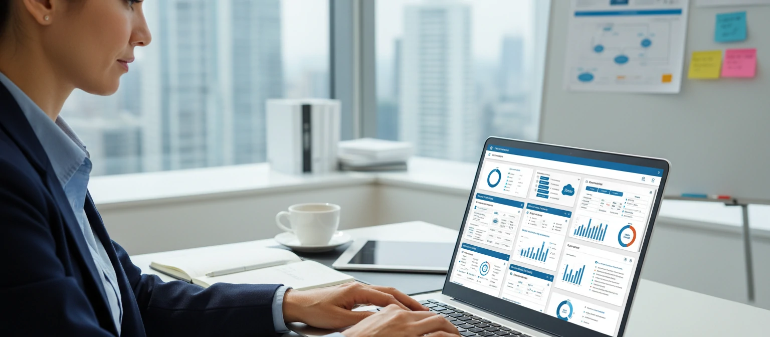 A professional Salesforce consultant working on a laptop with Salesforce dashboard