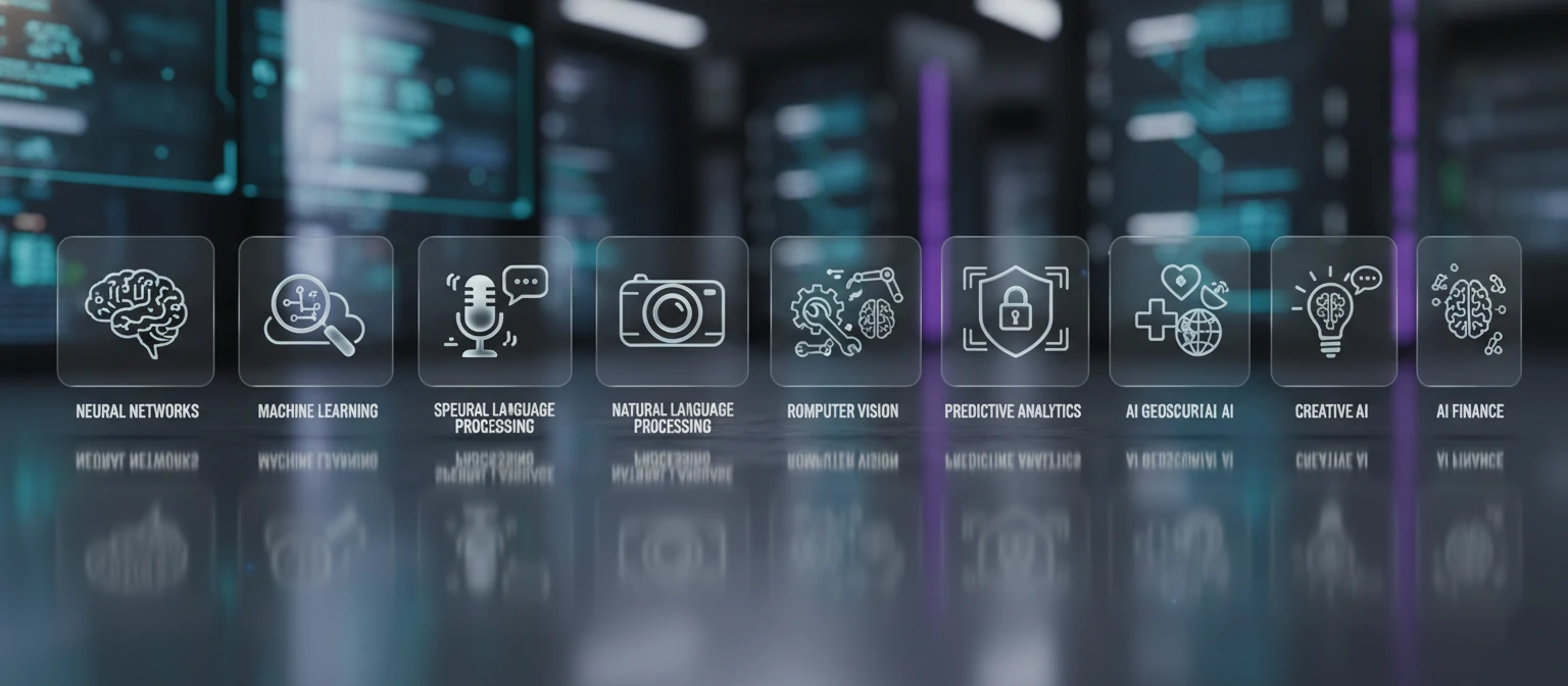 A row of professional icons representing various AI services