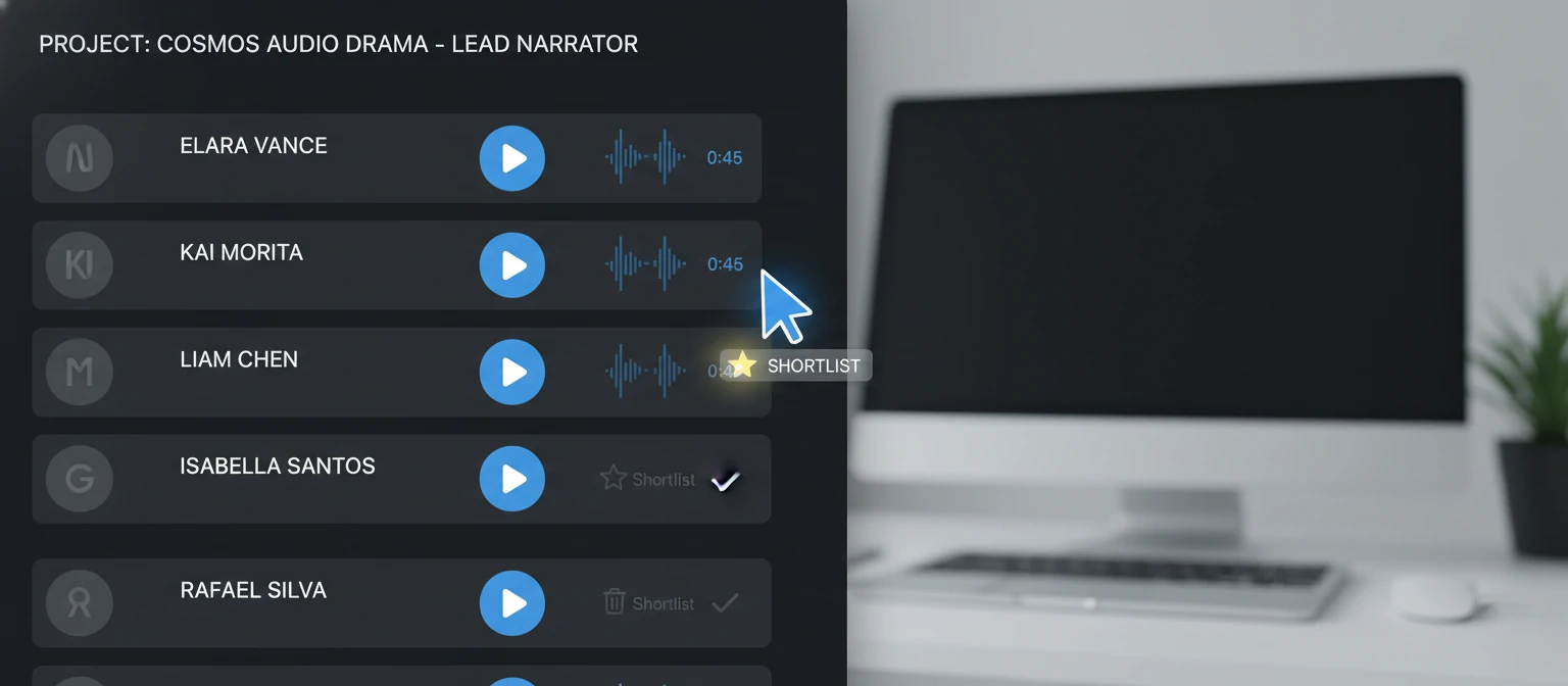 A screenshot of a casting interface. It shows a list of audio files with play buttons, waveforms, and candidate names