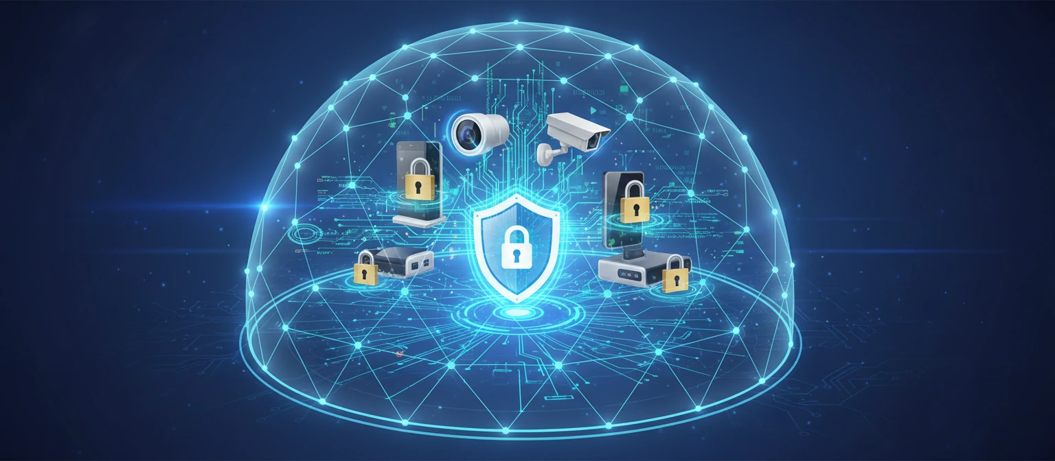 A security-themed illustration showing locked IoT devices, encrypted data streams