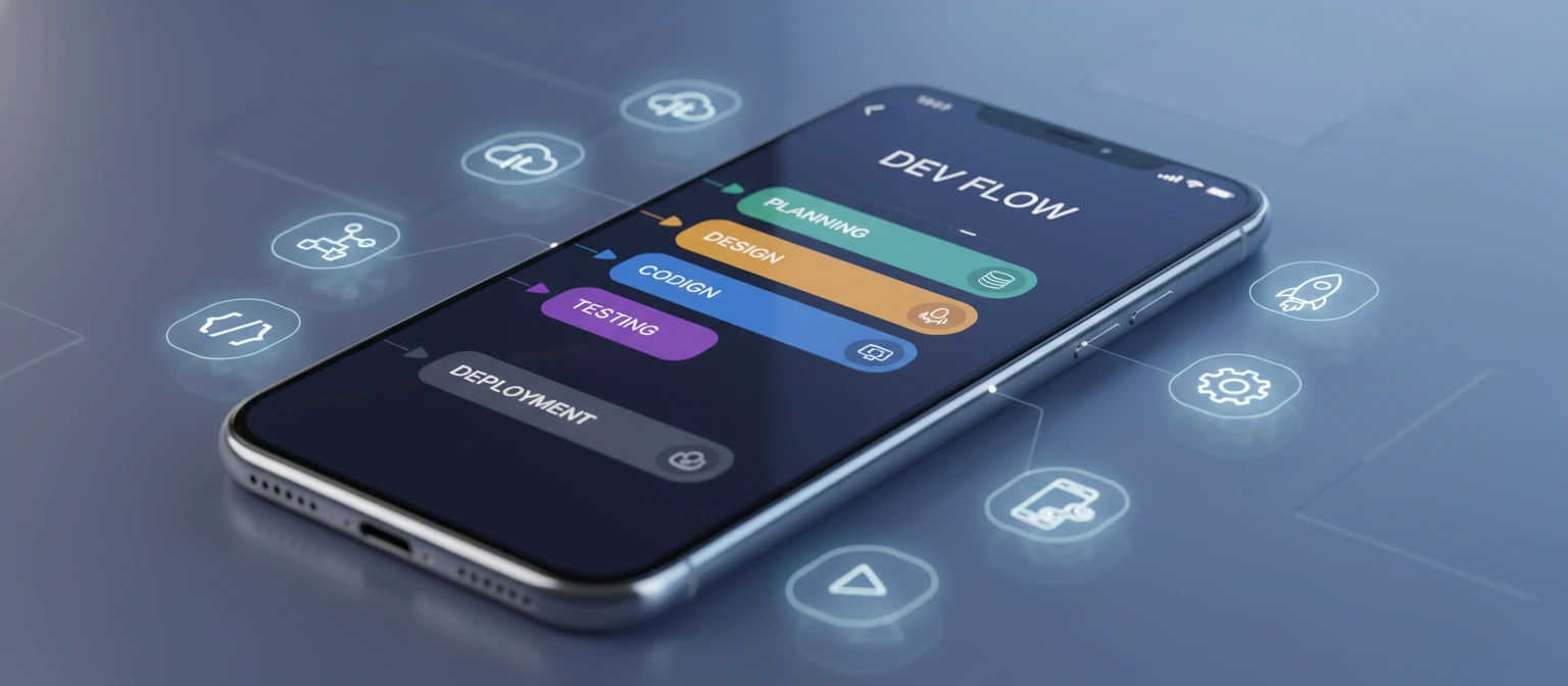 A sleek iPhone displaying a modern app interface with app development icons