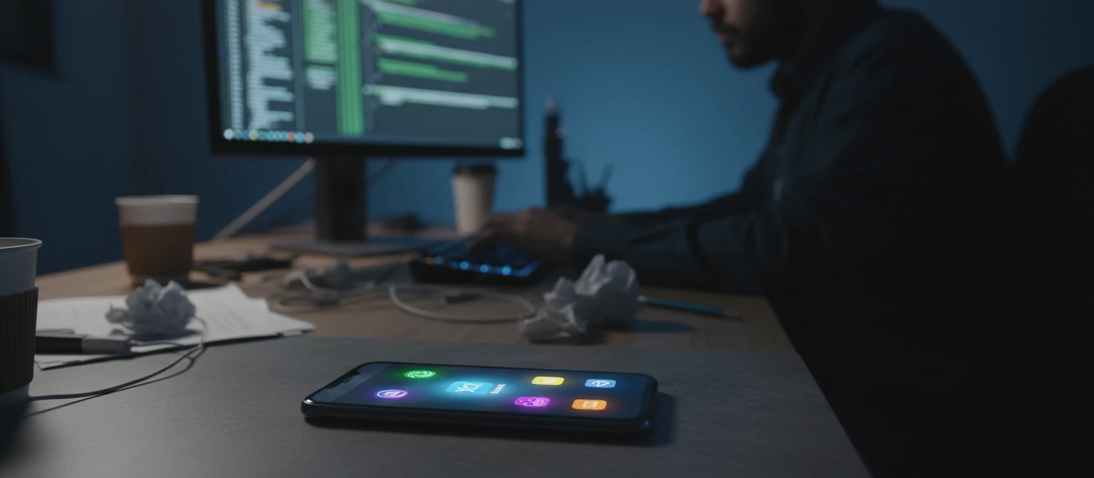 A sleek iPhone with glowing app icons and a developer passionately coding in the background