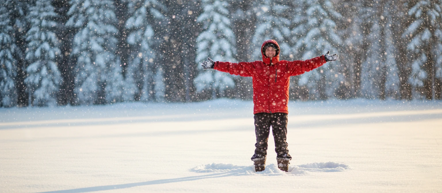 A snow angel in fresh snow, with the person standing beside it smiling