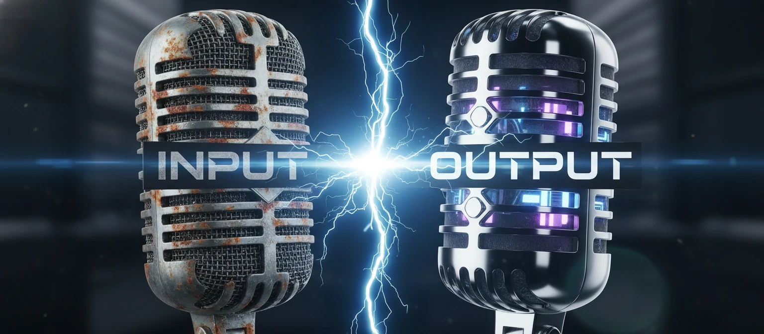 A split-face graphic of a microphone