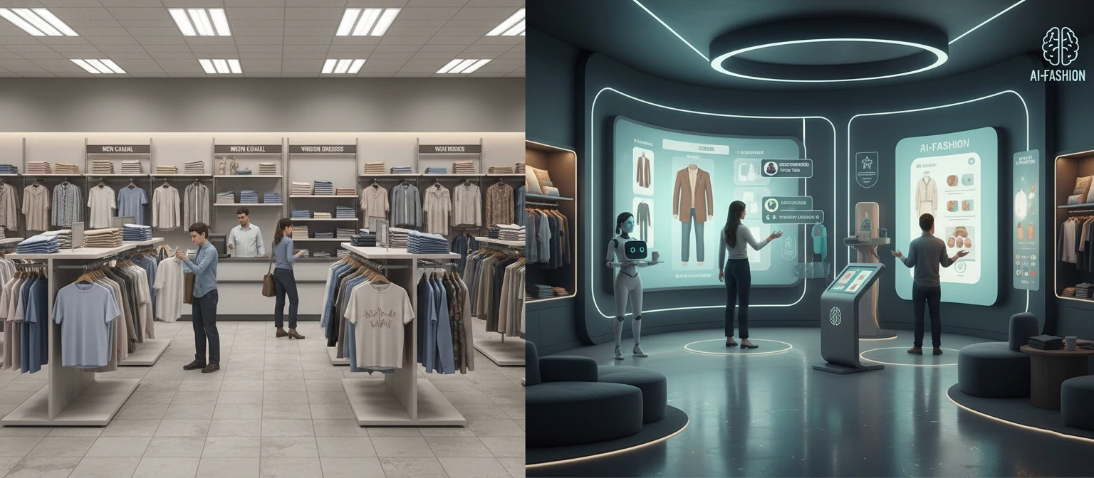 A split-image showing a traditional retail setup versus an AI-enhanced personalized shopping experience