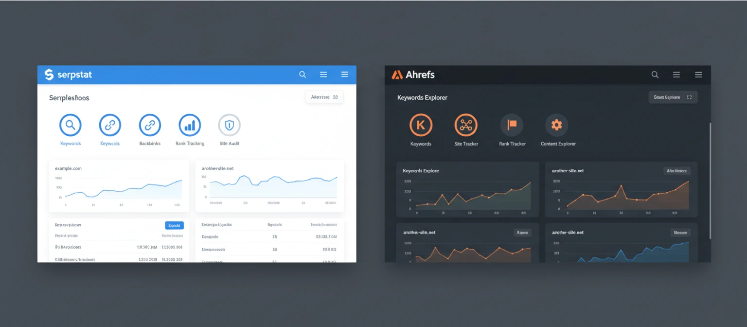 A split-screen image showing the dashboards of Serpstat and Ahrefs side by side