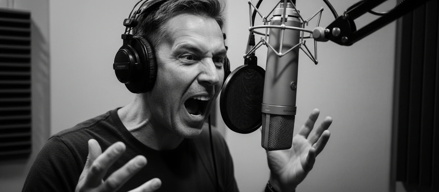 A striking black-and-white portrait of a voice actor in a booth