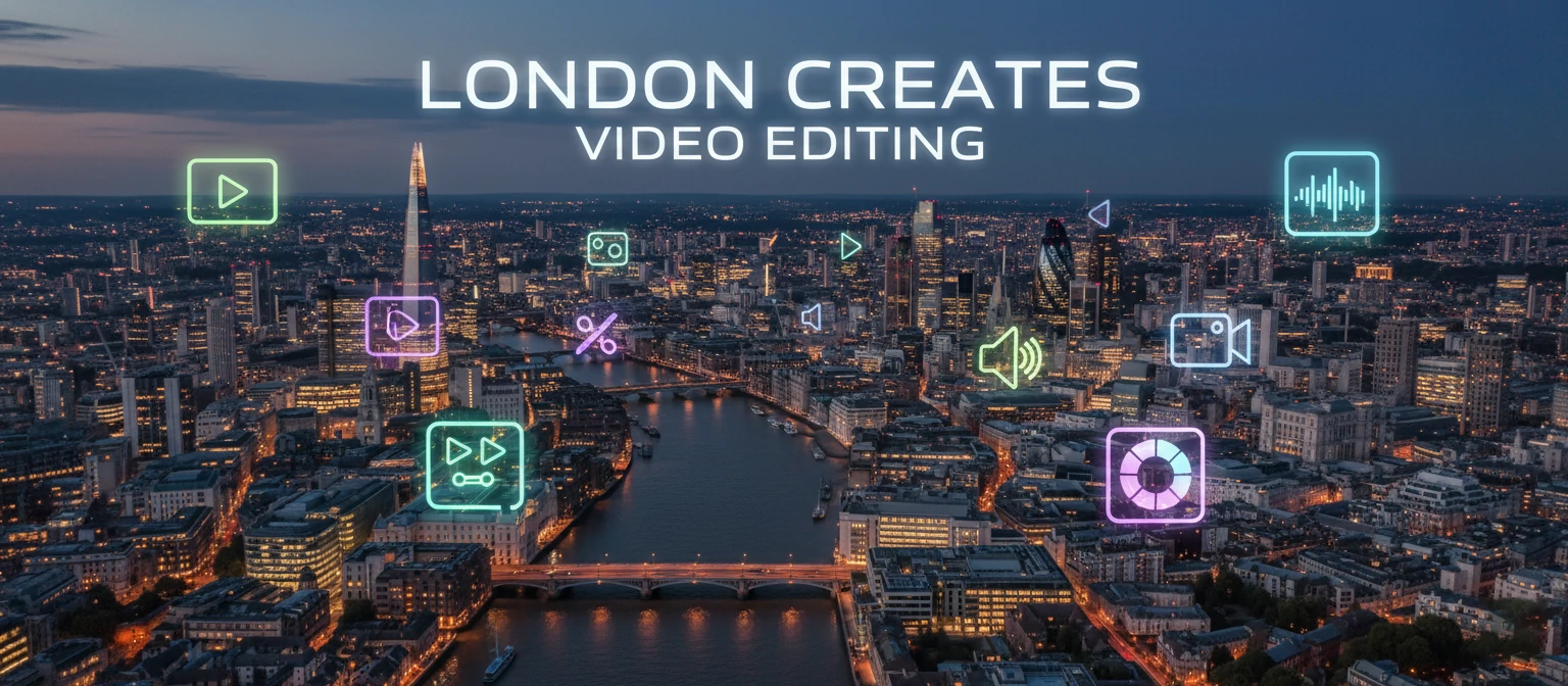 A vibrant aerial shot of London skyline with editing software icons overlaid