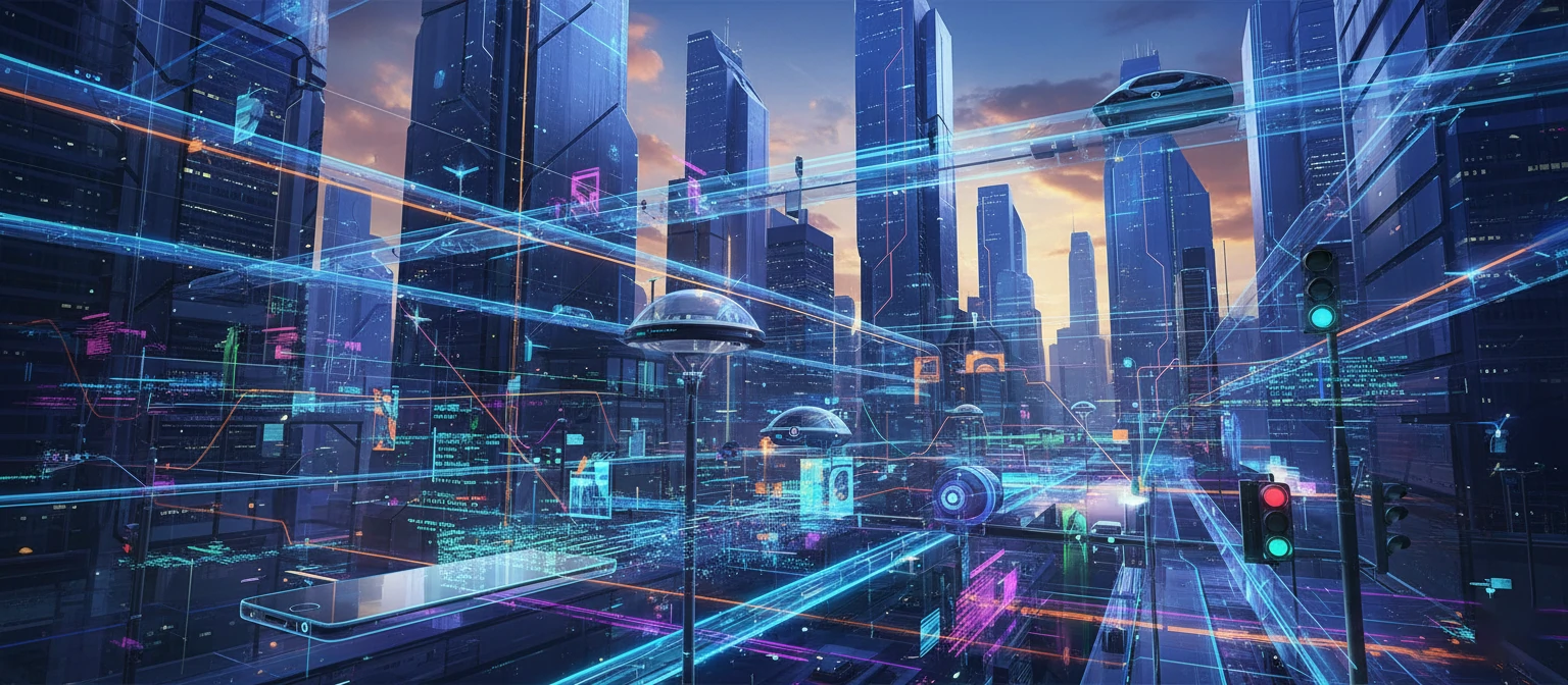 A vibrant, futuristic illustration of interconnected IoT devices in a bustling smart city