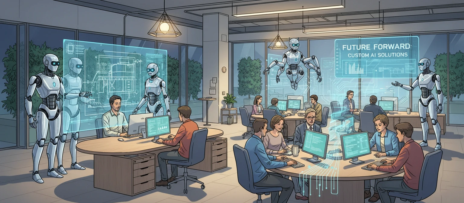 A vibrant illustration showing AI robots collaborating with human workers in a modern office setting