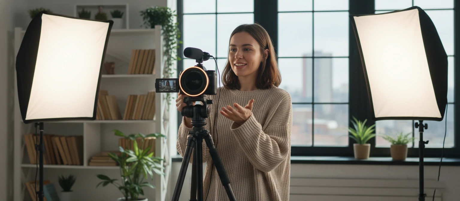 A vlogger filming with proper lighting and composition