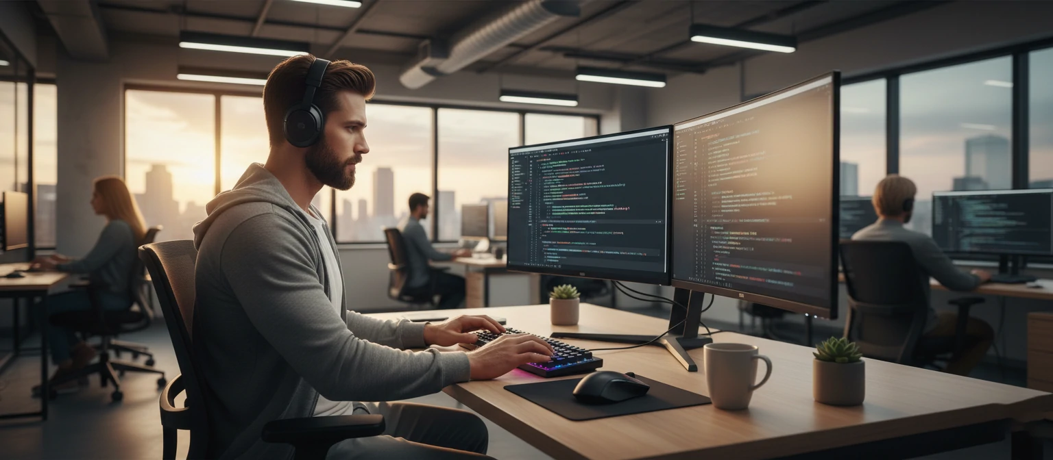 A web developer coding on a computer with multiple screens