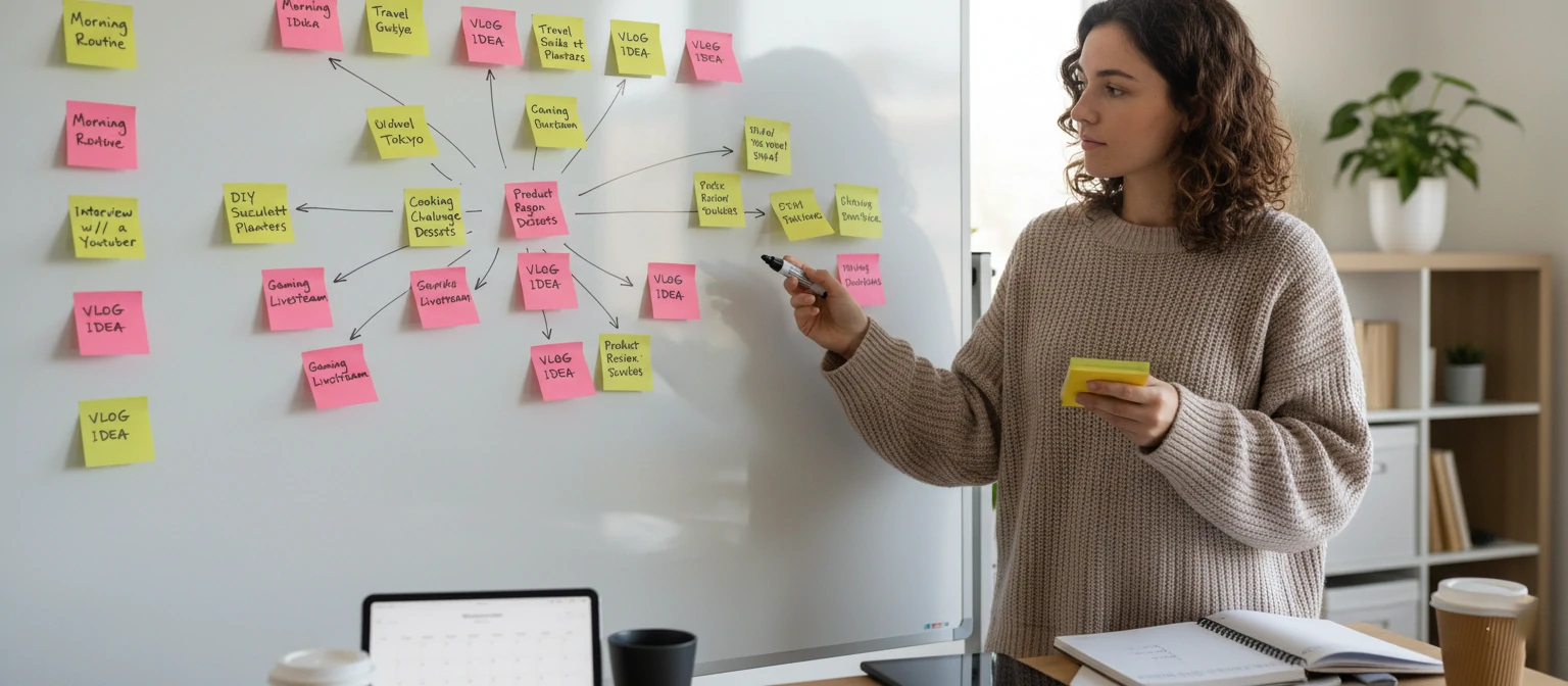 A whiteboard with various vlog idea sticky notes and a person brainstorming
