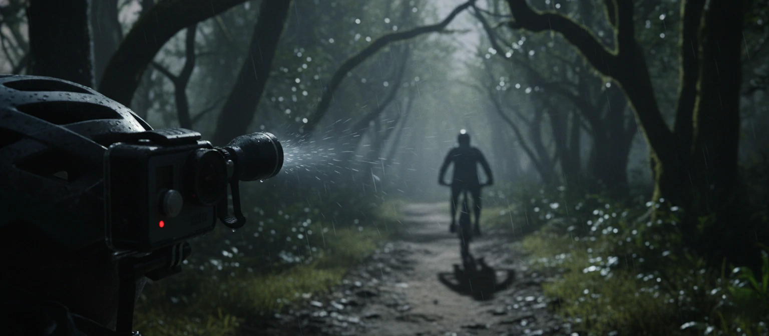 Action camera with flashlight attached during a night adventure