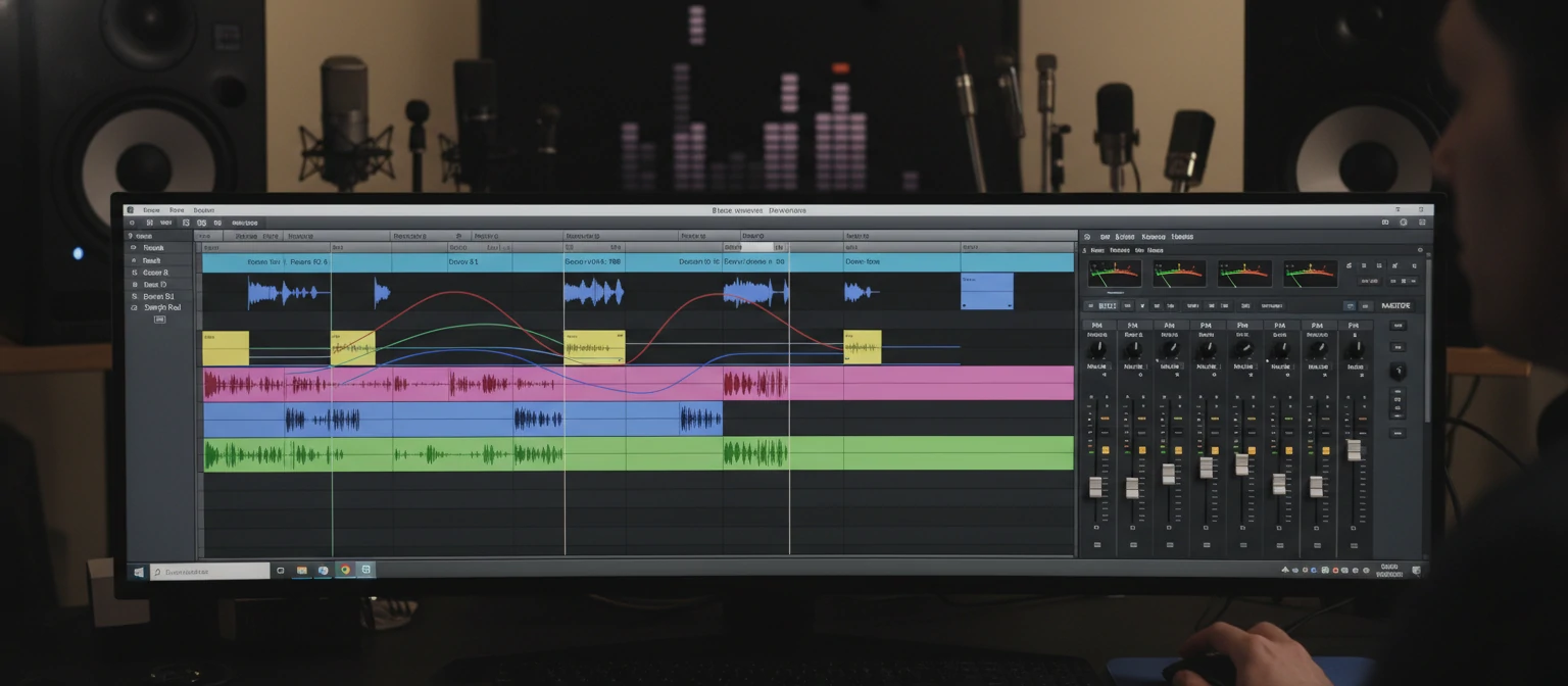 Adobe Audition Multitrack Session with multiple audio tracks, clip envelopes, and the mixer panel visible