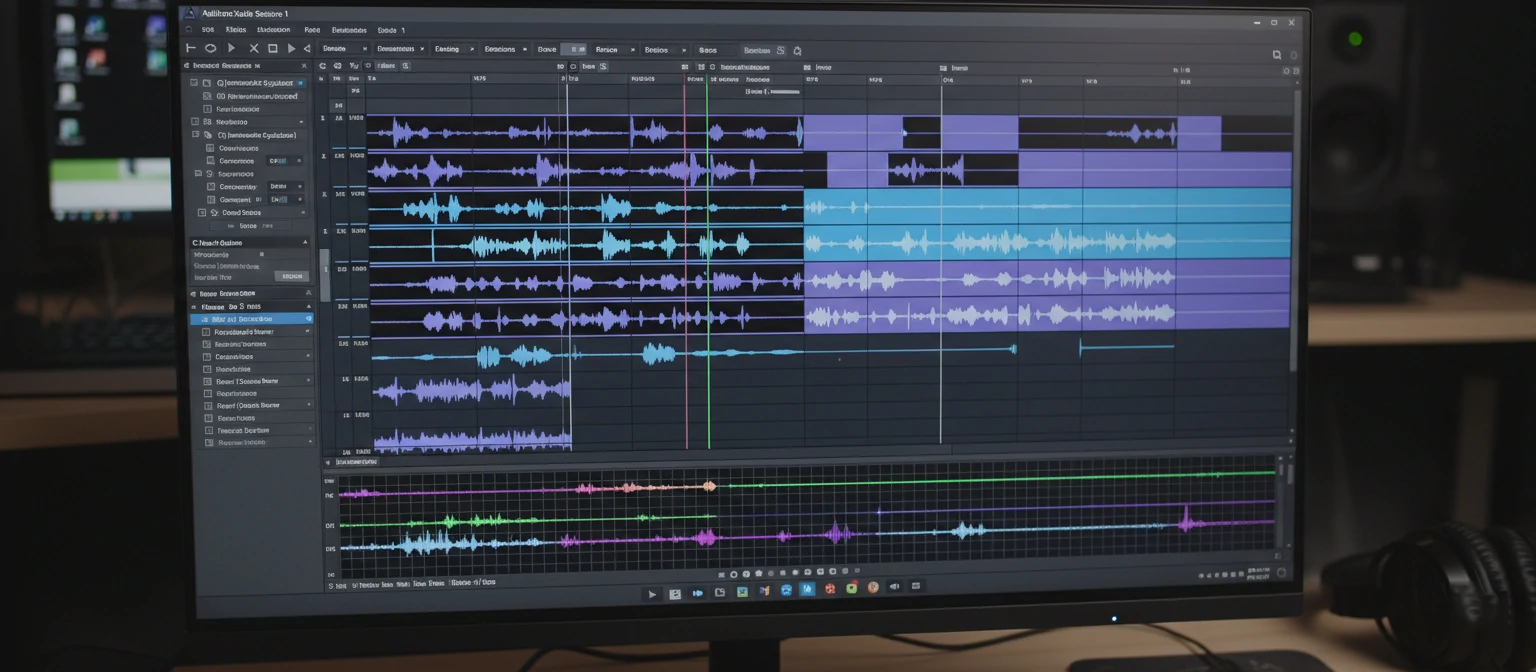 Adobe Audition interface showing multitrack session with audio waveforms, effects rack, and spectral frequency display
