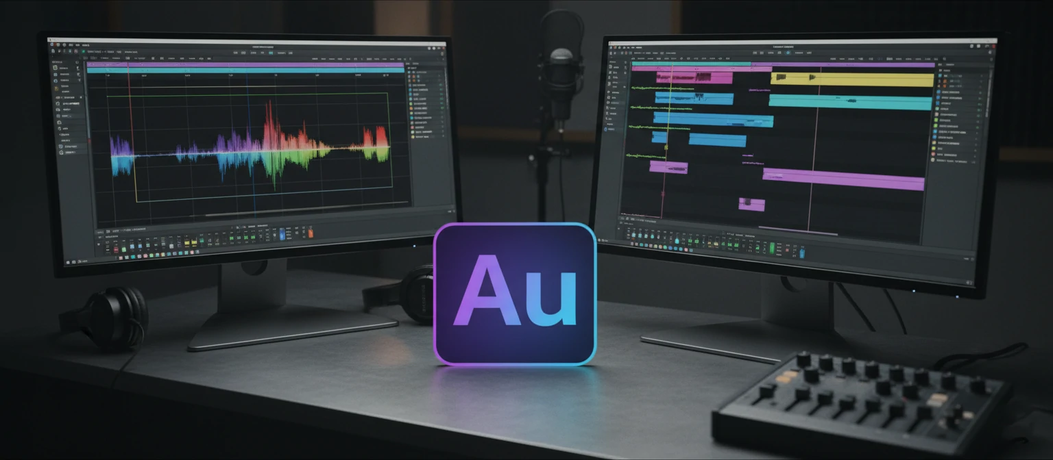 Adobe Audition logo alongside screenshots of the Waveform and Multitrack editing views