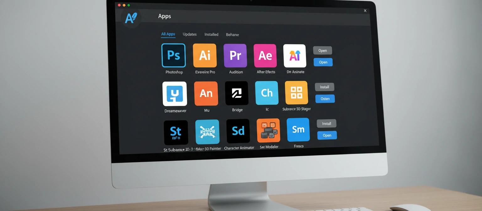 Adobe Creative Cloud desktop app with a grid of all application icons including Photoshop, Illustrator, Premiere Pro, After Effects, and more