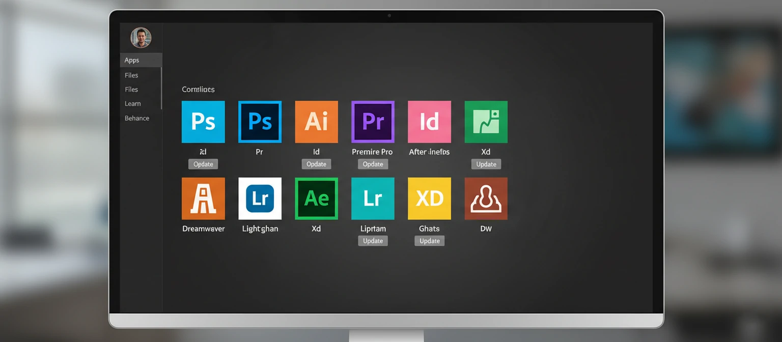 Adobe Creative Cloud interface showing all apps with their distinctive colored icons