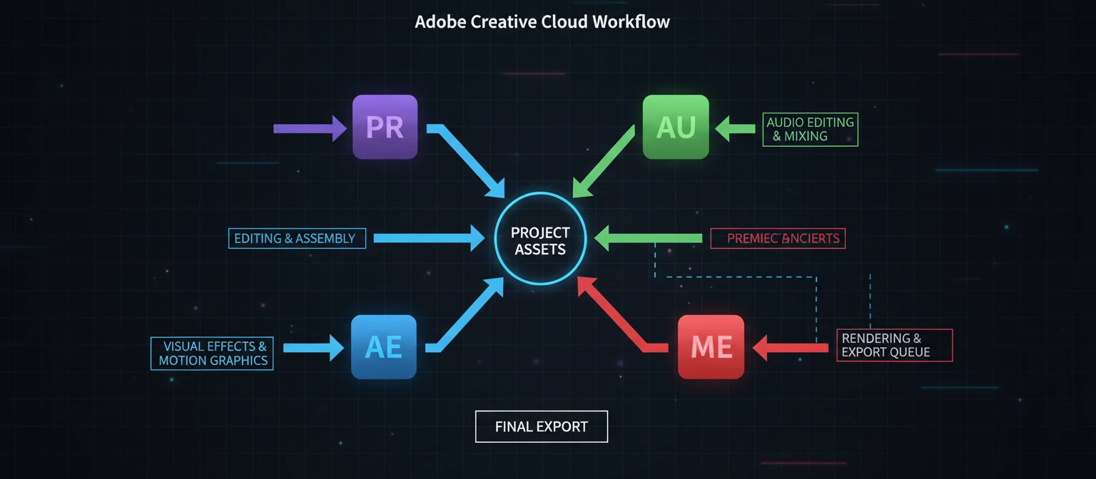 Adobe Creative Cloud workflow diagram showing connections between Premiere Pro