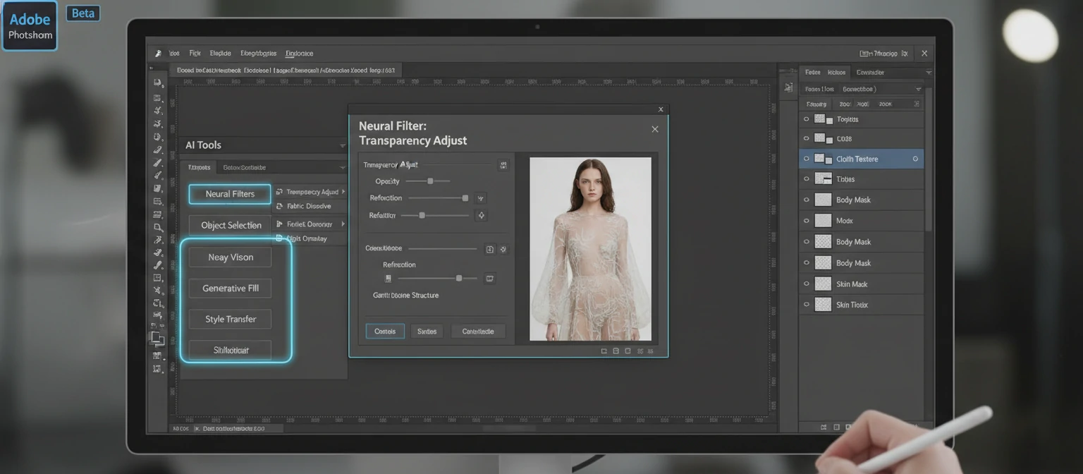 Adobe Photoshop interface with AI tools and neural filters highlighted