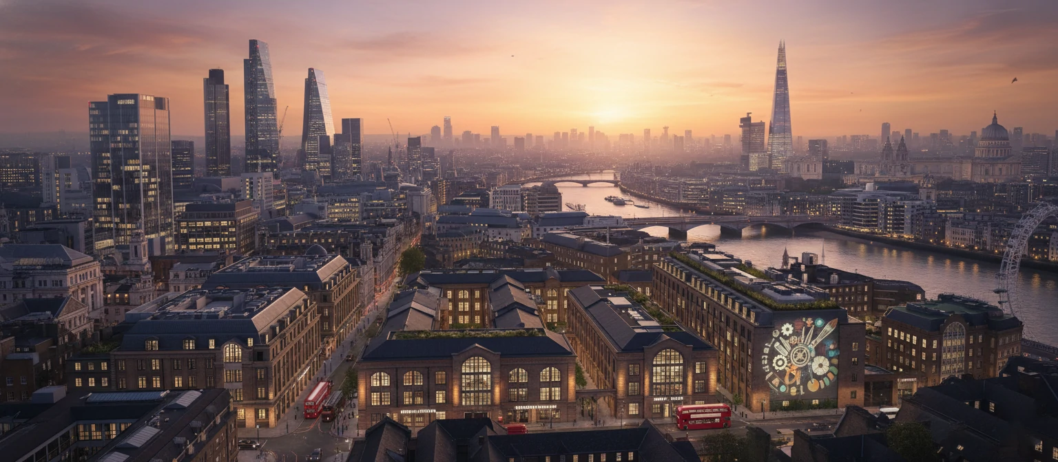 Aerial view of London skyline with modern buildings and creative studios