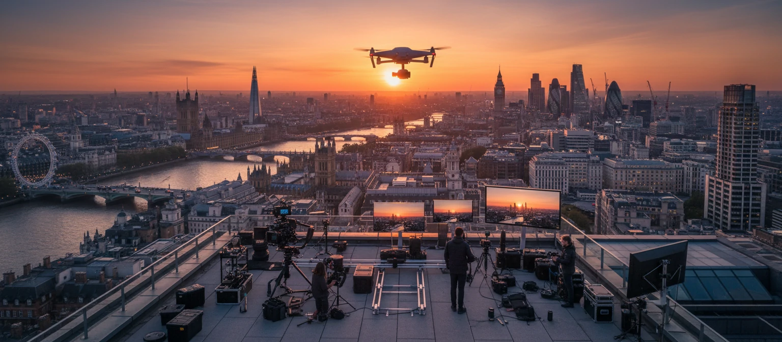 Aerial view of London skyline with videographer equipment
