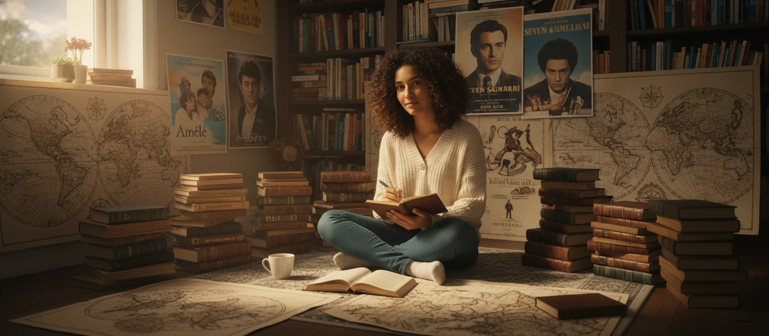 Aisha surrounded by world maps, language dictionaries, and international film posters