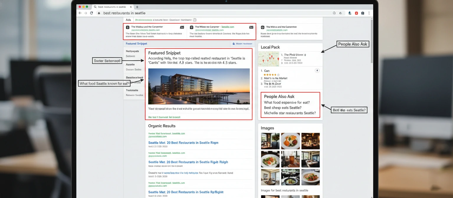 An annotated SERP screenshot labeling