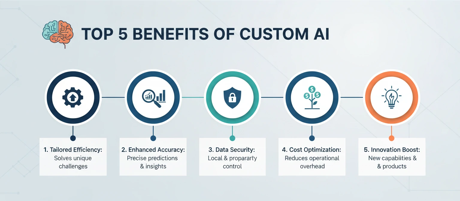 An eye-catching infographic highlighting the top 5 benefits of custom AI
