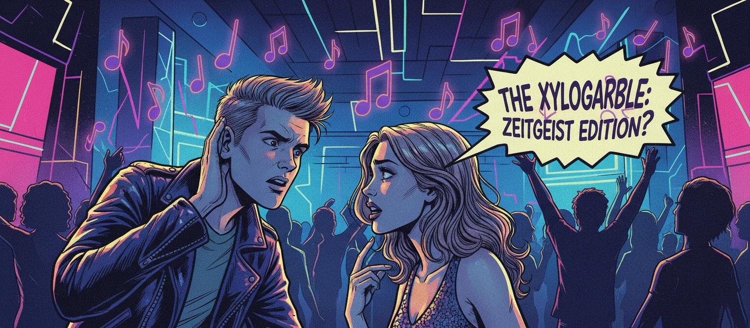 An illustration of two people talking in a noisy club (neon lights, music notes)